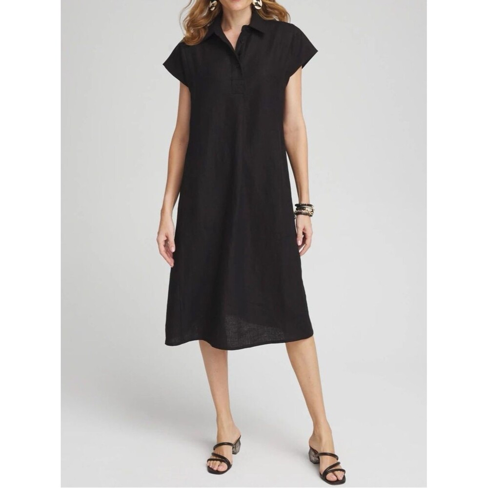 Chicos Linen Popover Black Relaxed Fit Midi Sheath Dress. 1 Short. US 8. NEW.